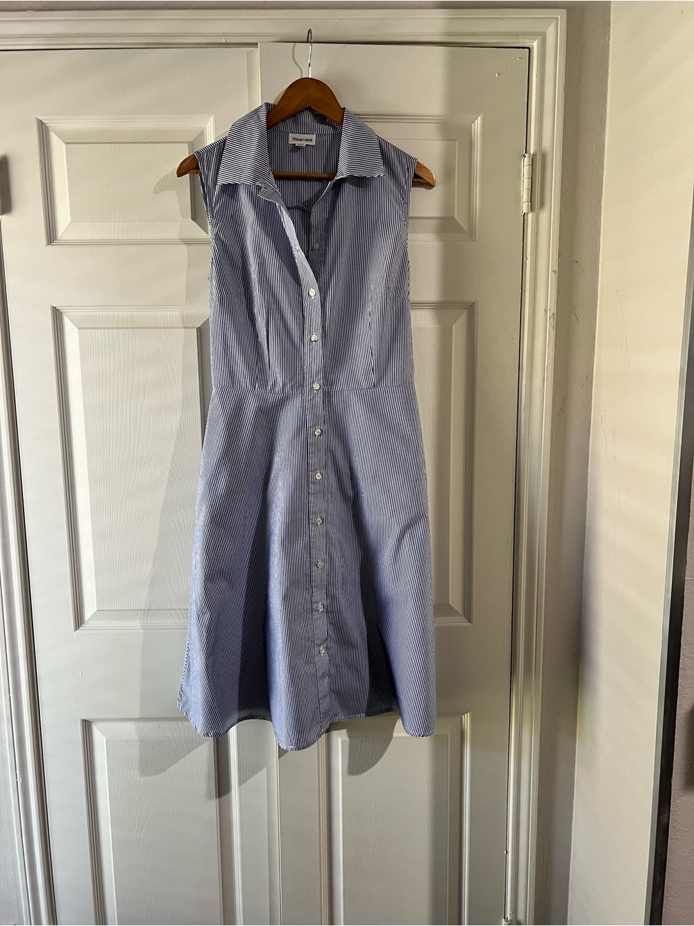 Sleeveless Blue Pinstripe Button-Front Shirt Dress